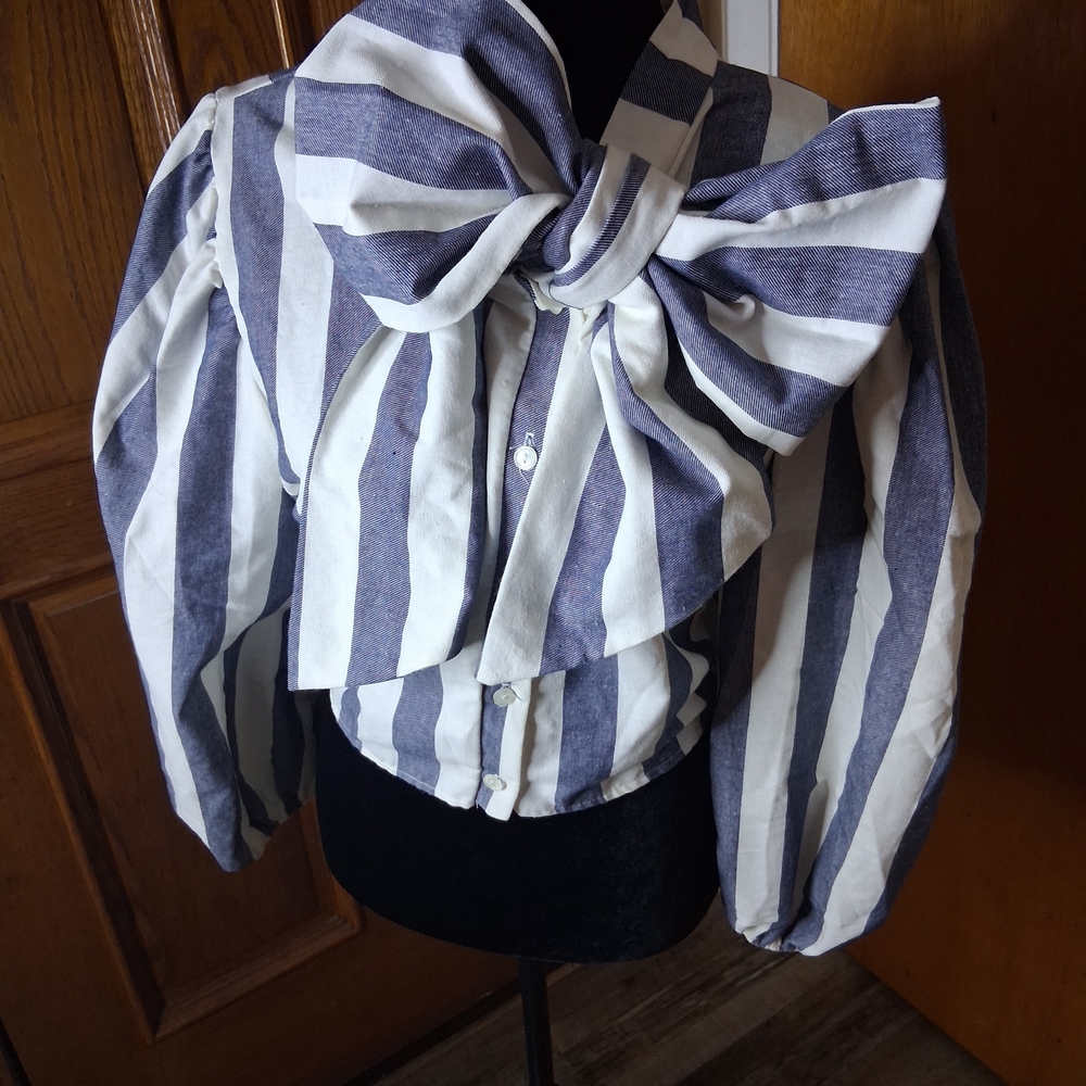Striped Bow Front Blouse in Denim and White - Picture 2 of 4